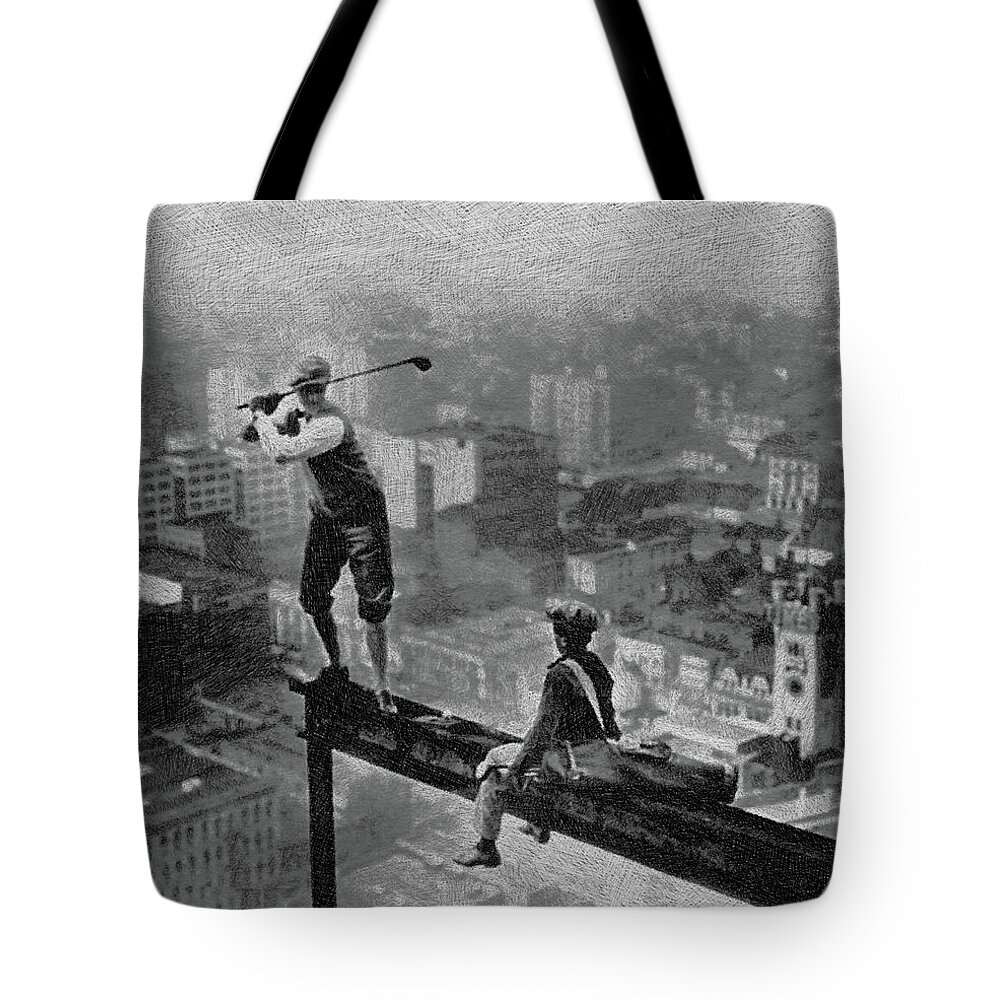 Golf Tote Bag featuring the painting Golfer On Girder Over New York Drawing by Tony Rubino