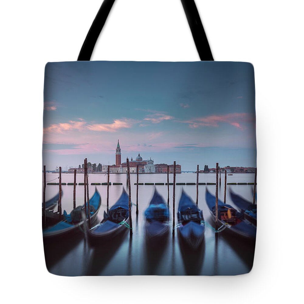 Venice Tote Bag featuring the photograph Gondolas and San Giorgio Maggiore church. Venice by Stefano Orazzini