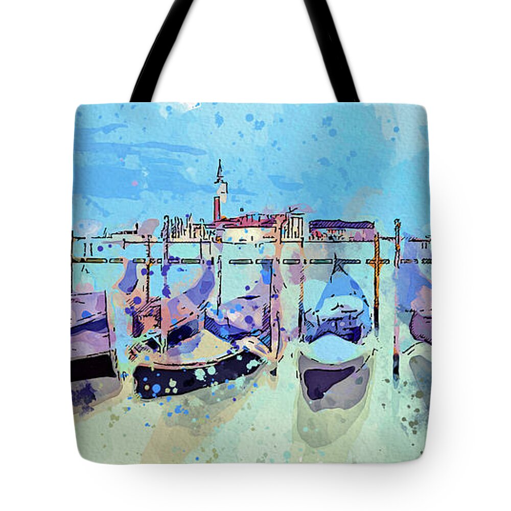 Er Tote Bag featuring the painting Gondolas, Venice, Italy, ca 2021 by Ahmet Asar, Asar Studios by Celestial Images