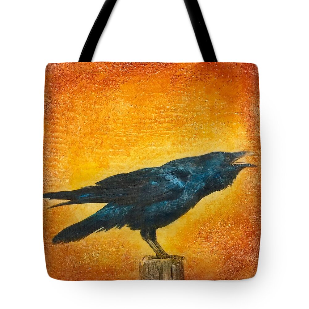 Raven Tote Bag featuring the mixed media Good Caw Morning by Angel Wynn