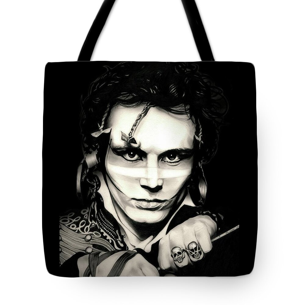 Adam Ant Tote Bag featuring the drawing Goody two shoes - Adam Ant - Black Back Edition by Fred Larucci