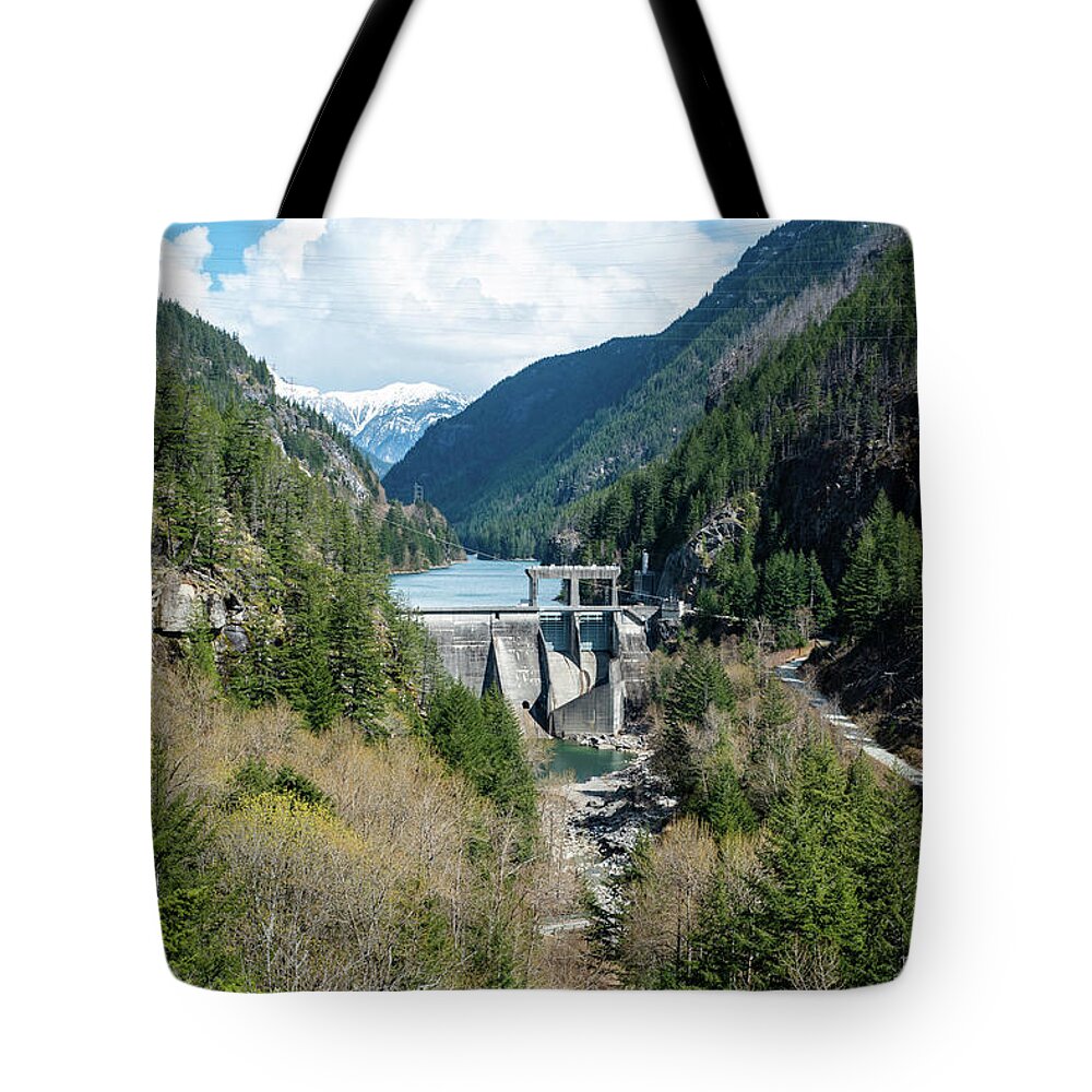 Gorge Dam And Dry River Bed Tote Bag featuring the photograph Gorge Dam and Dry River Bed by Tom Cochran
