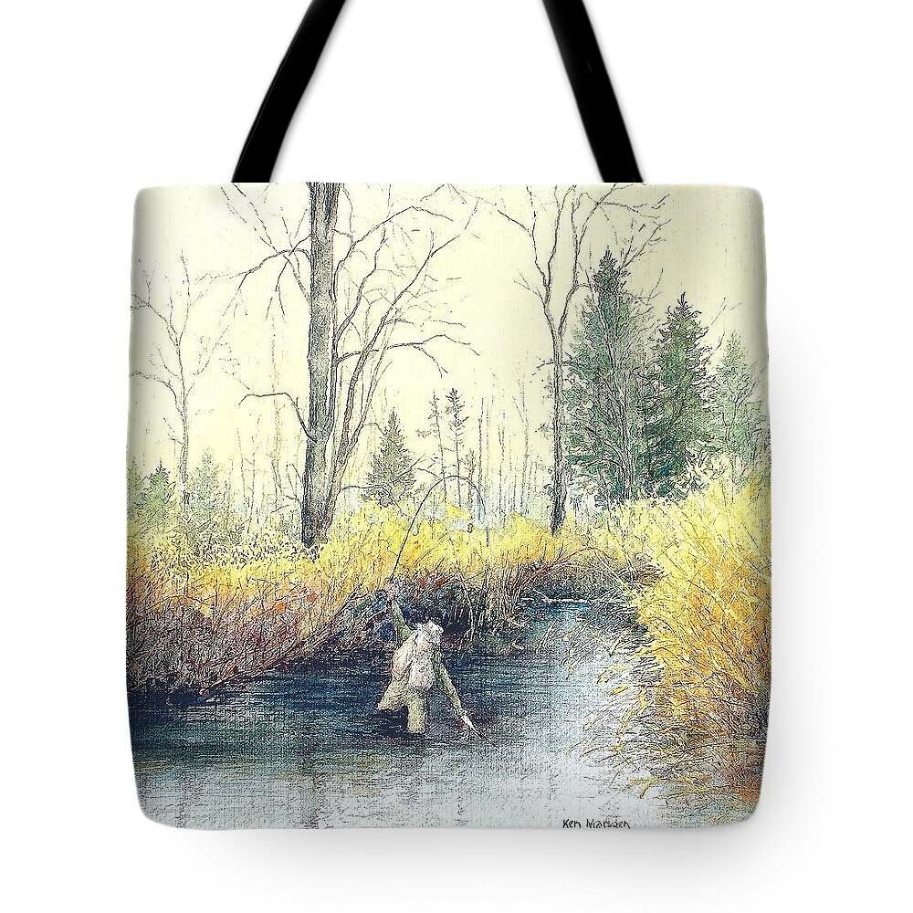 Fly Fishing Tote Bag featuring the painting Gotcha by Ken Marsden