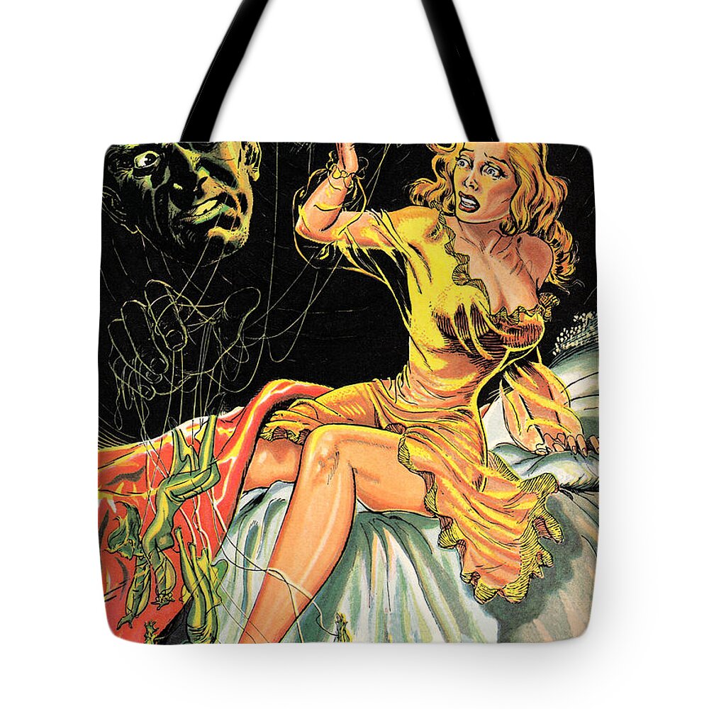 Pinup Tote Bag featuring the digital art Pinup Girl and Green Face in the Dark by Long Shot