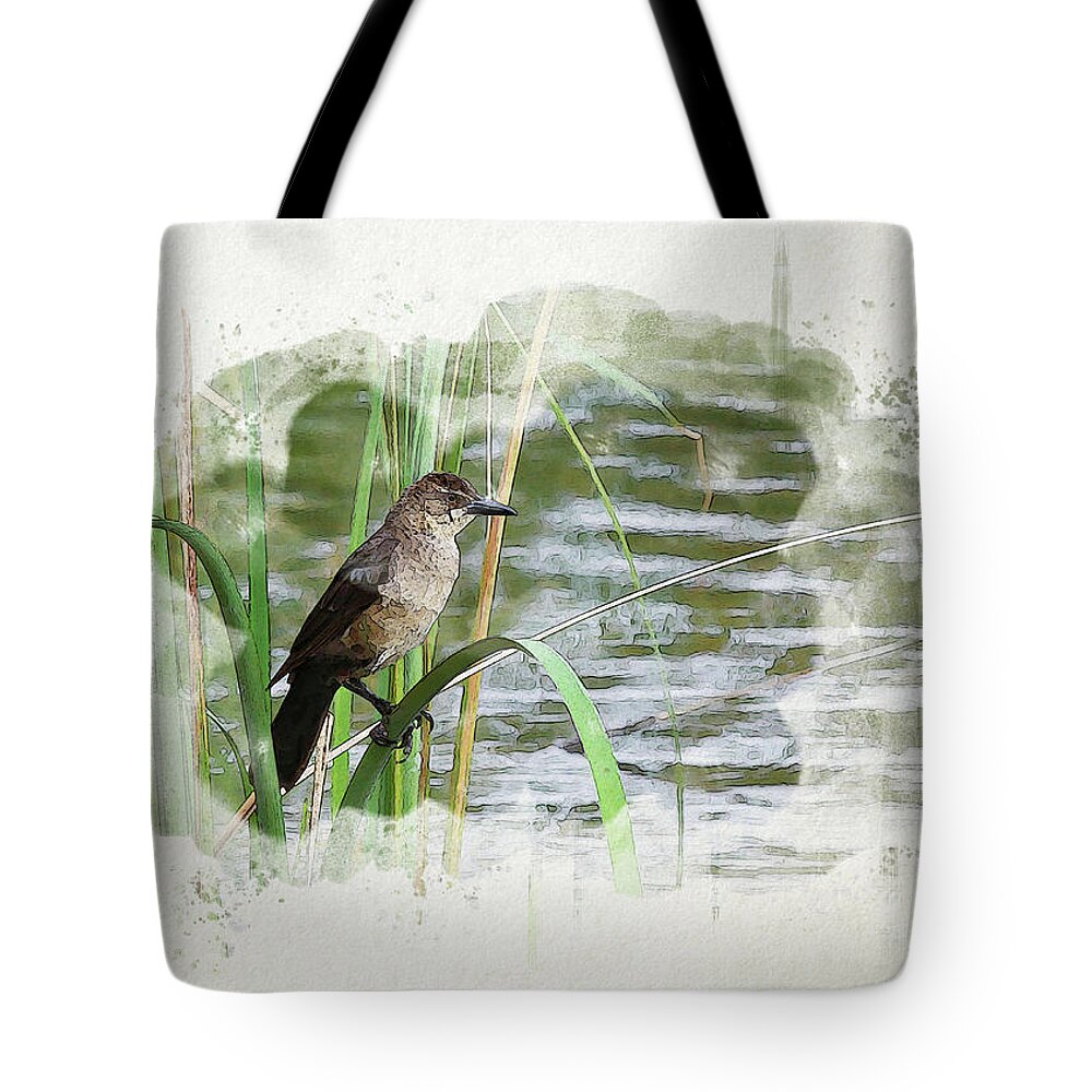 Grackle Tote Bag featuring the digital art Grackle by the Lake by Alison Frank