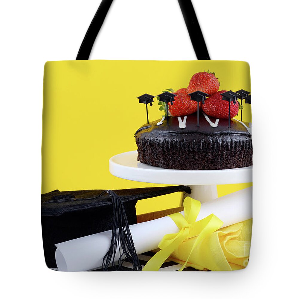 Grad Tote Bag featuring the photograph Graduation Day Party with Chocolate Cake. by Milleflore Images