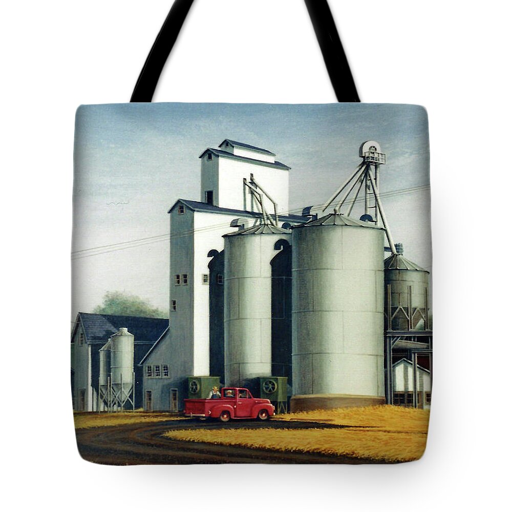 Architectural Landscape Tote Bag featuring the painting Grain Bins and Shadows by George Lightfoot