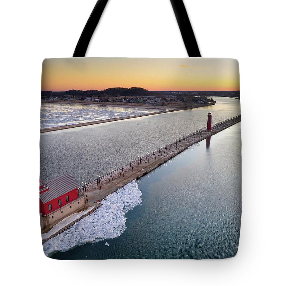Northernmichigan Tote Bag featuring the photograph Grand Haven Lighthouse DJI_0499 HRes by Michael Thomas