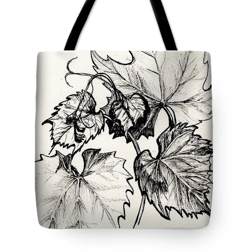 Black And White Tote Bag featuring the drawing Grape Leaves in Ink by Tammy Nara
