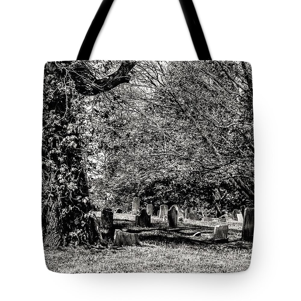 Grave Yard Tombstones Trees B&w Tote Bag featuring the photograph Grave Yard1 by John Linnemeyer