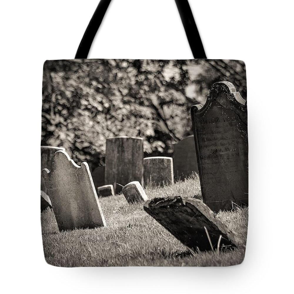Grave Yard Tomb Stones Trees B&w Tote Bag featuring the photograph Grave Yard3 by John Linnemeyer