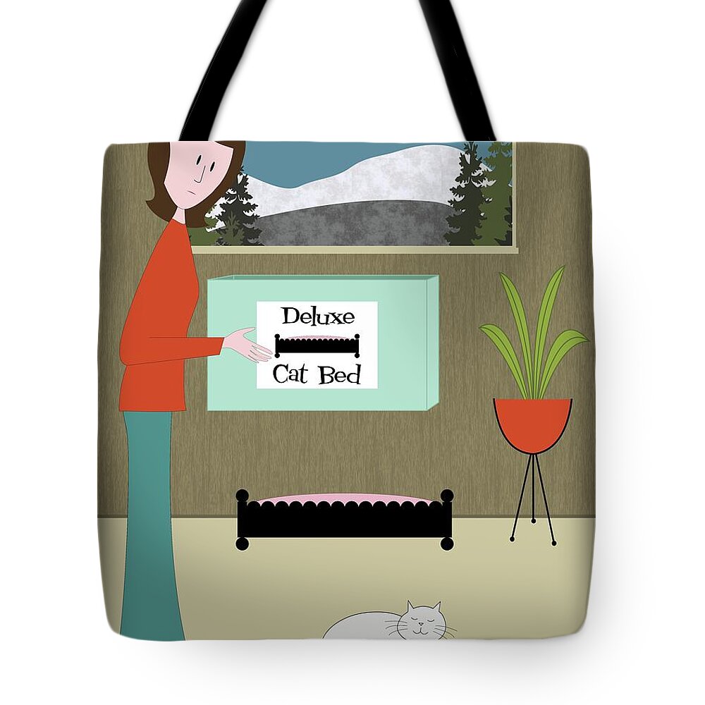 Mid Century Cat Tote Bag featuring the digital art Gray Cat Prefers Box Lid by Donna Mibus