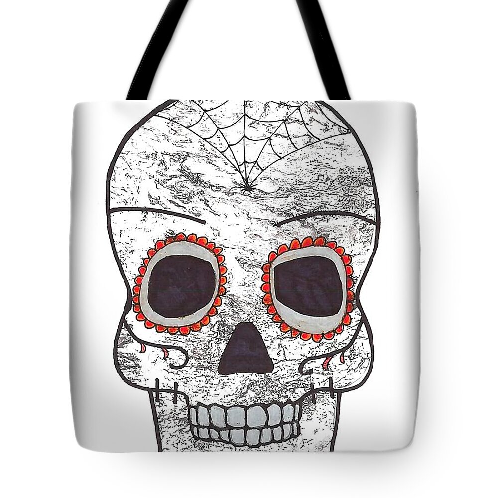 Grey And Orange Skull Tote Bag featuring the mixed media Gray Sugar Skull by Expressions By Stephanie