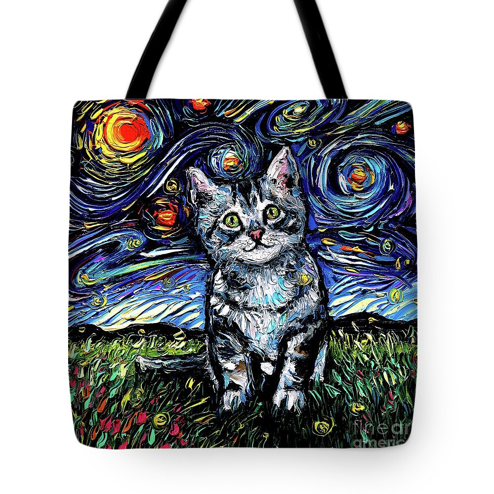 Gray Tabby Kitten Tote Bag featuring the painting Gray Tabby Kitten Night by Aja Trier