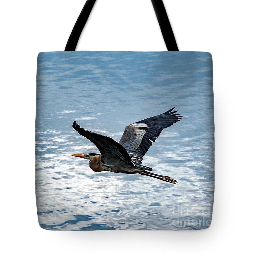 Great Tote Bag featuring the photograph Great Blue Heron In Flight by Beachtown Views
