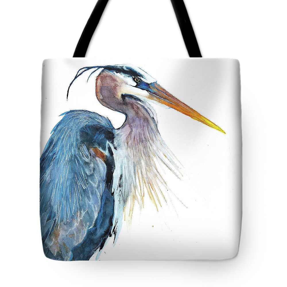 Great Blue Heron Tote Bag featuring the mixed media Great Blue Heron by Jani Freimann