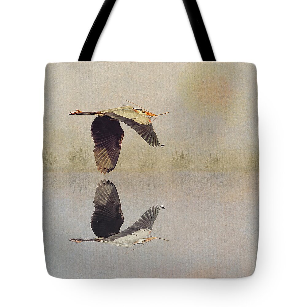 Heron Tote Bag featuring the mixed media Great Blue Heron Watercolor Reflection by Patti Deters