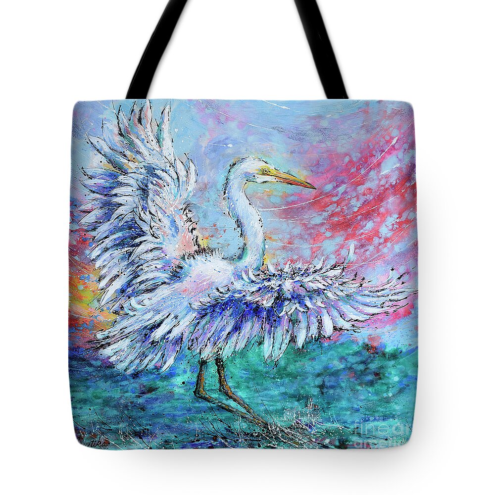  Tote Bag featuring the painting Great Egret's Glorious Landing by Jyotika Shroff