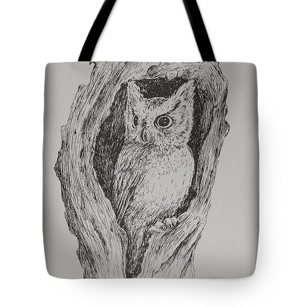 Owl Tote Bag featuring the drawing Great Horned Owl by ML McCormick