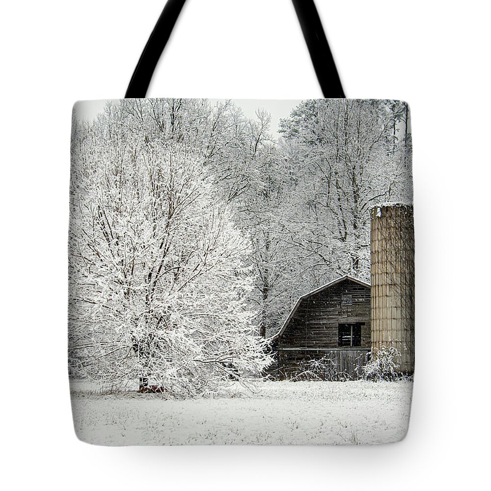 Winter Tote Bag featuring the photograph Great Smoky Mountains North Carolina Winter Barn Scenic by Robert Stephens
