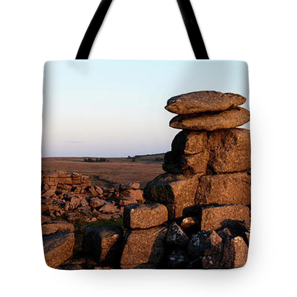 Devon Tote Bag featuring the photograph Great Staple Tor Dartmoor National Park England Panorama by Sonny Ryse