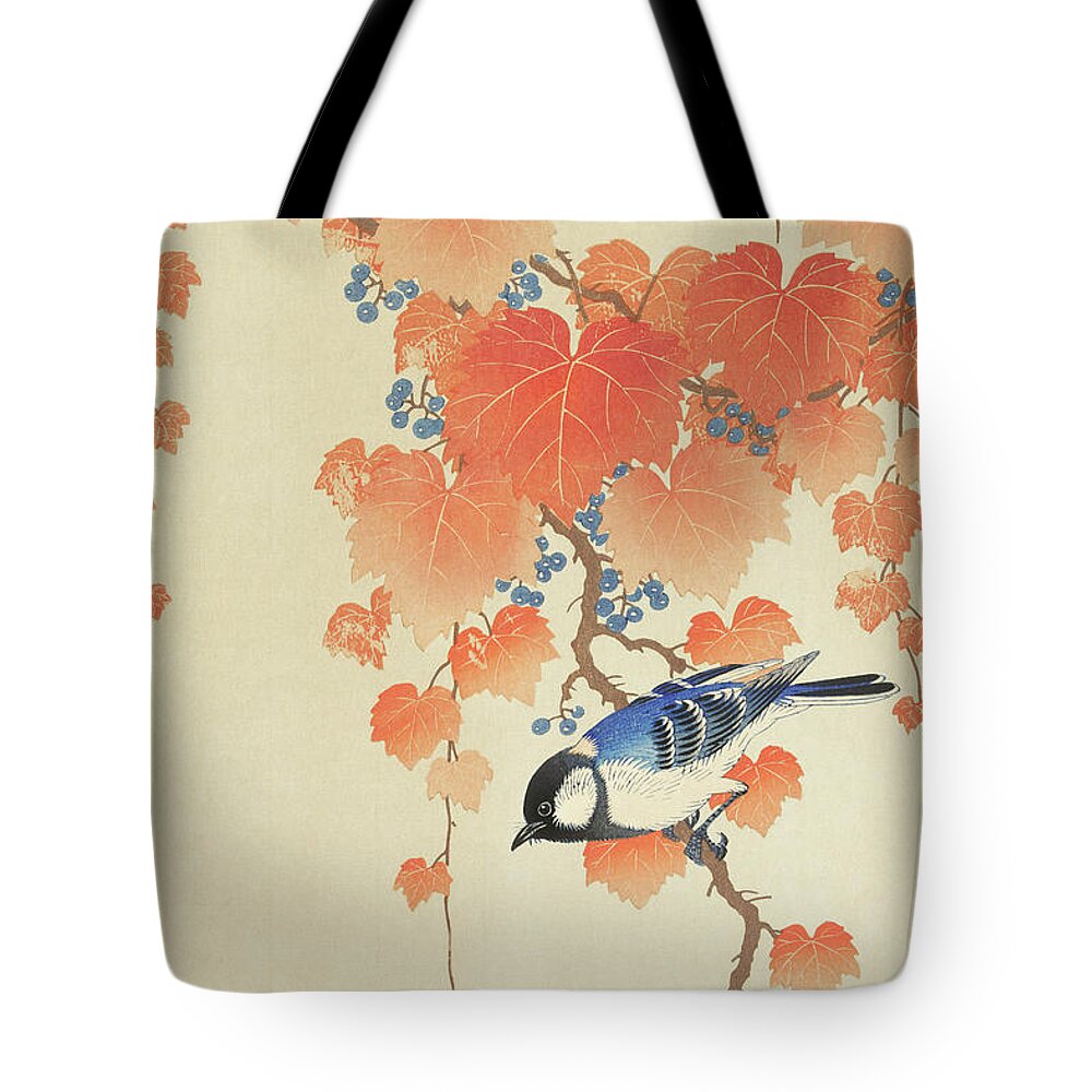 Orange Tote Bag featuring the painting Great tit on paulownia branch by Ohara Koson