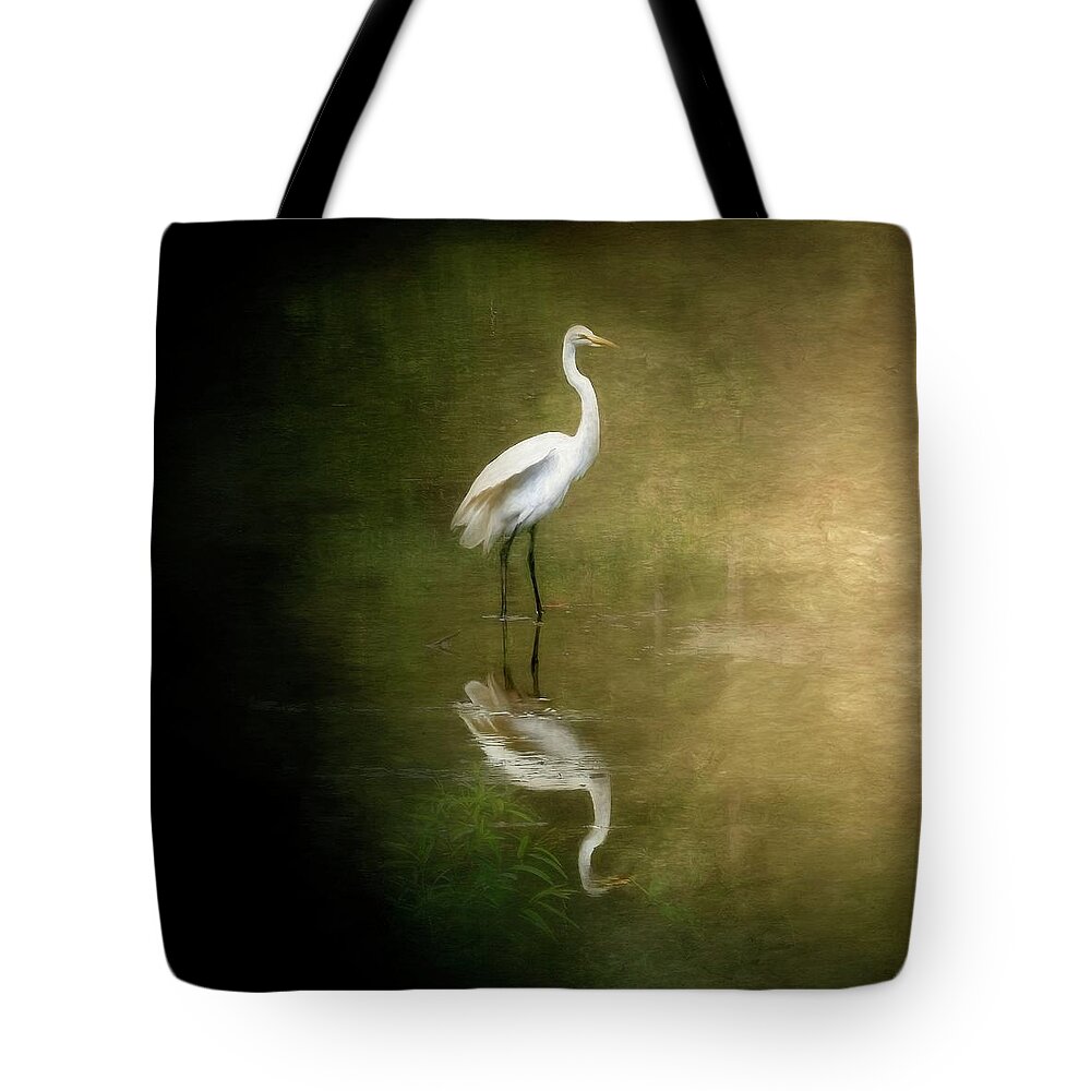 Egret Tote Bag featuring the photograph Great White Egret by Marjorie Whitley