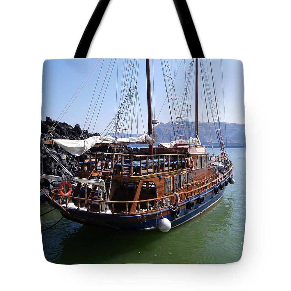 Nea Kameni Tote Bag featuring the photograph Greek ship at Nea Kameni by Lisa Mutch