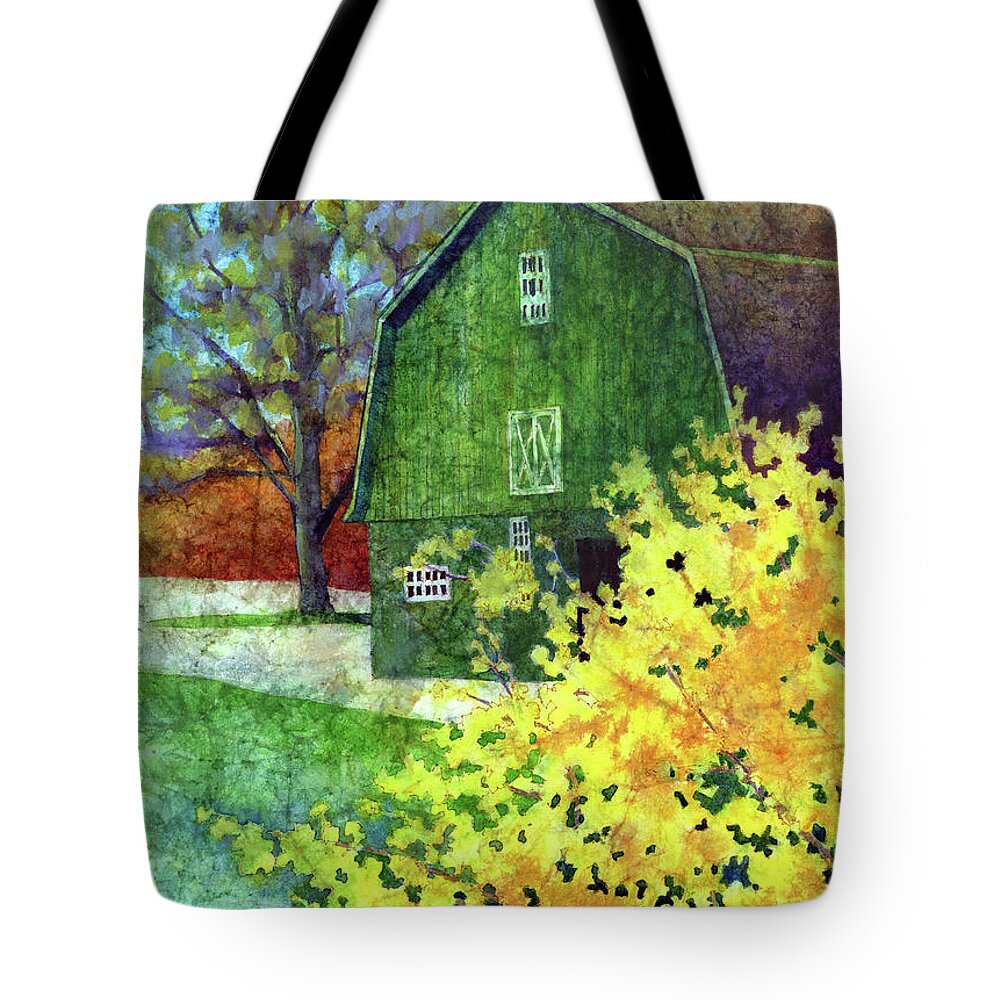 Barn Tote Bag featuring the painting Green Barn - pastel colors by Hailey E Herrera