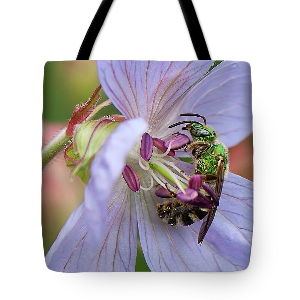 Green Bee Tote Bag featuring the photograph Green bee by Tatiana Travelways