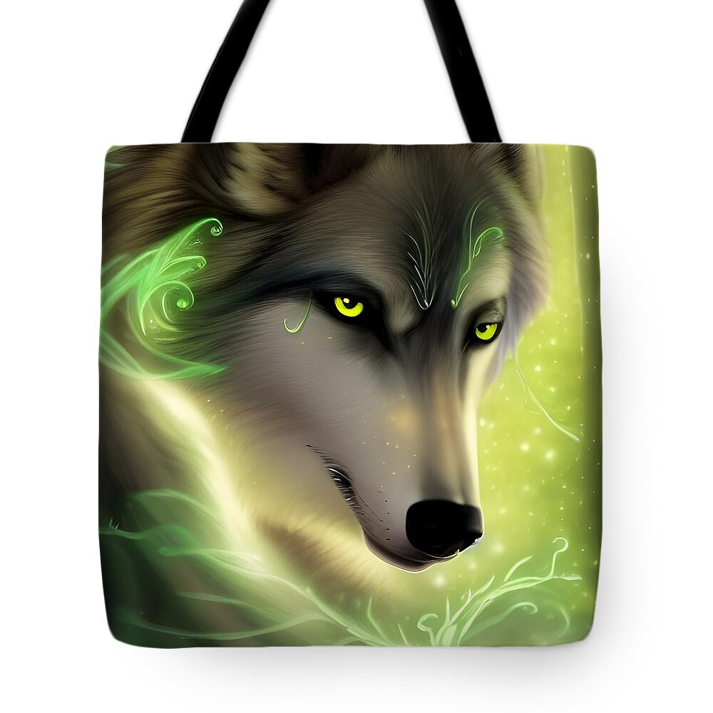Digital Tote Bag featuring the digital art Green-Eyed Wolf by Beverly Read