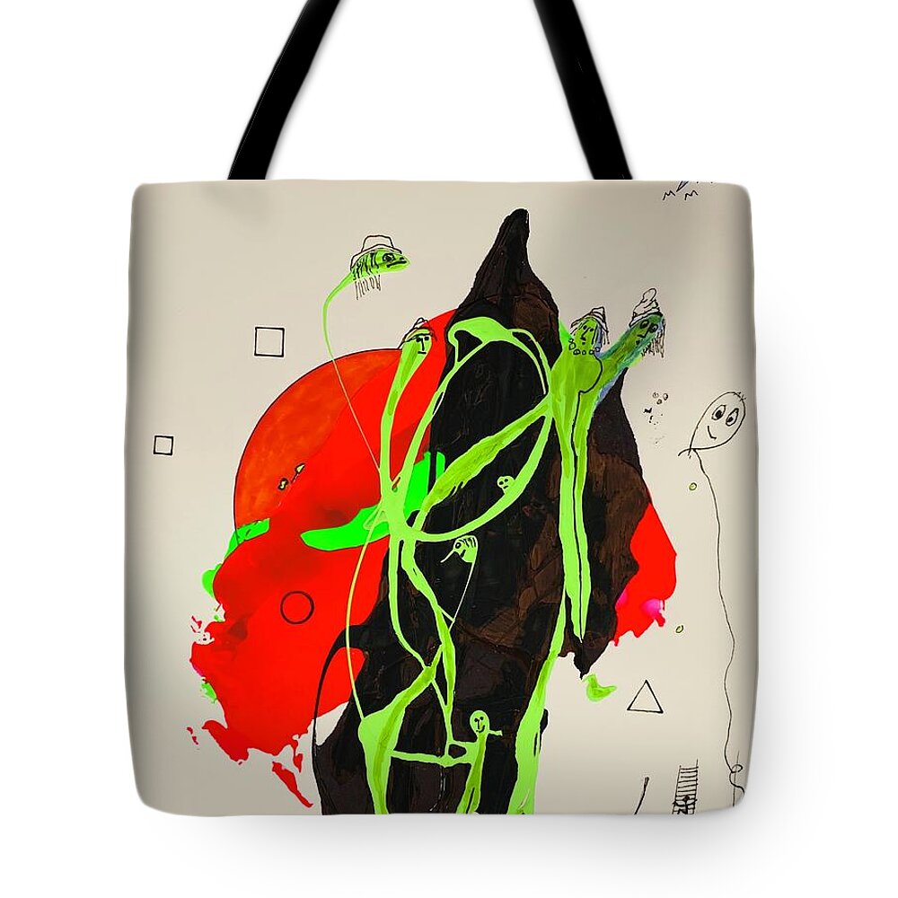  Tote Bag featuring the mixed media Green Faces on Black and Red 11149 by Lew Hagood