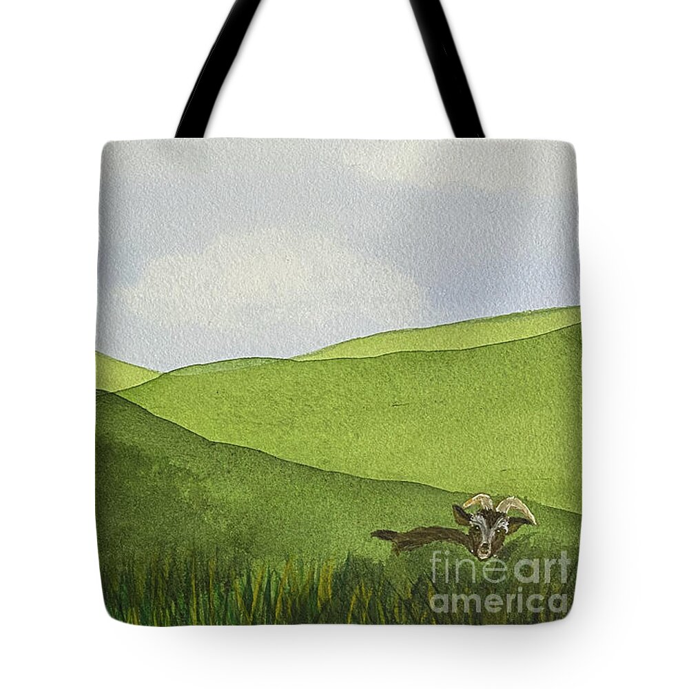 Green Hills Tote Bag featuring the painting Green Hills and a Goat by Lisa Neuman