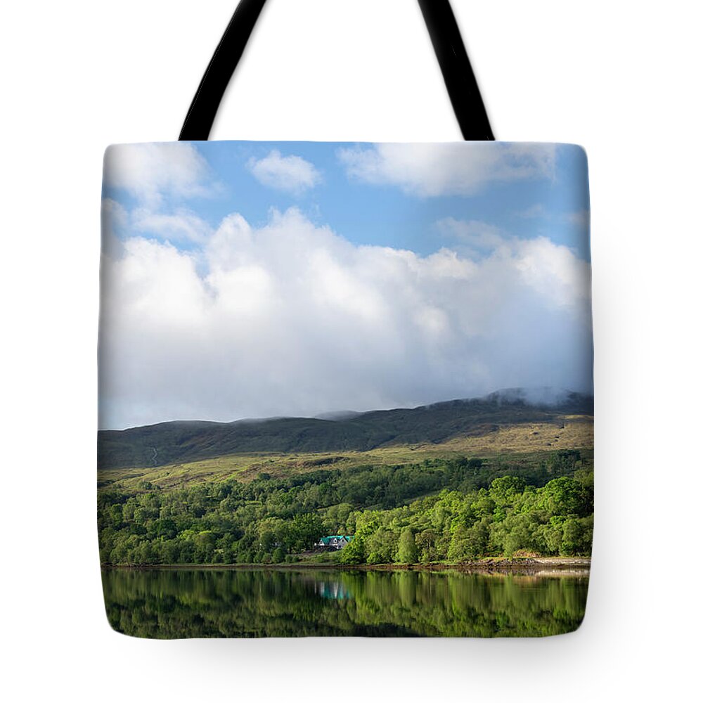 Scottish Highlands Tote Bag featuring the photograph Green house at Loch Linnhe by Steev Stamford