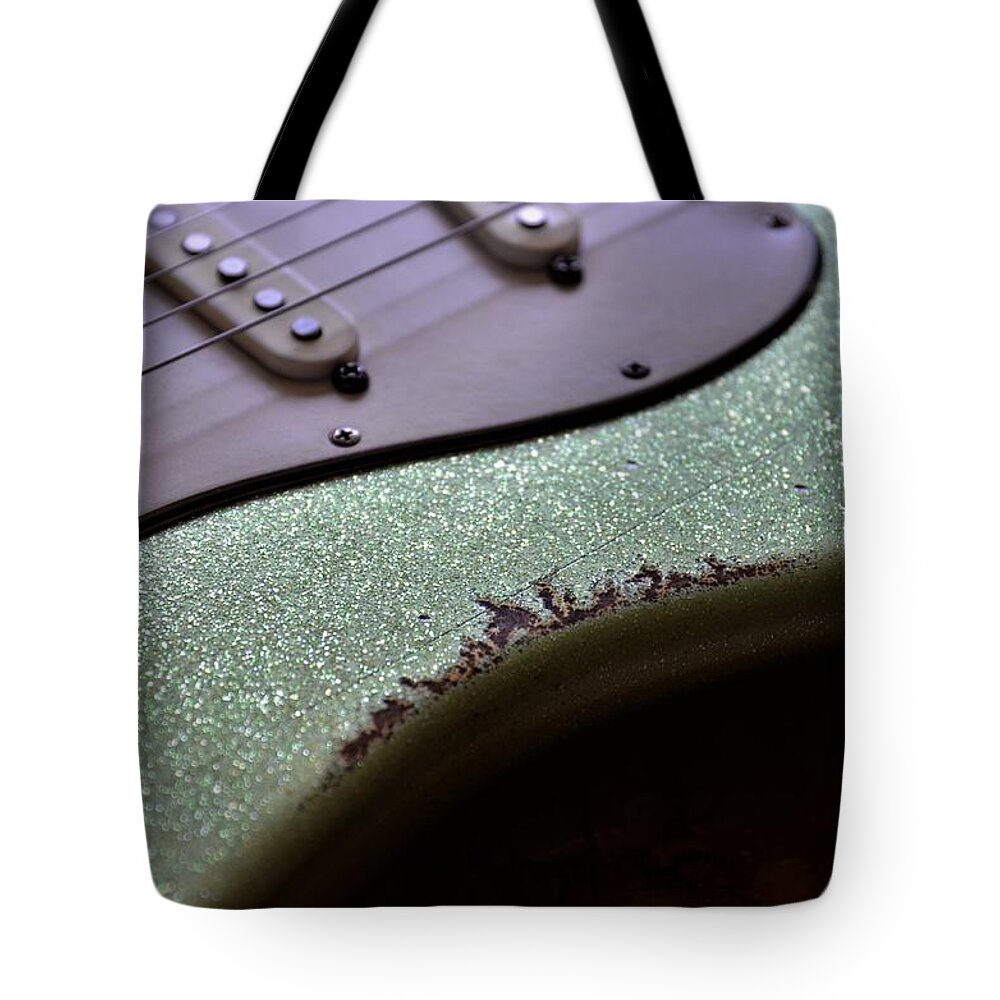 Fender Tote Bag featuring the photograph Green Sparkle Aged Relic Guitar in Sunlight by Guitarwacky Fine Art