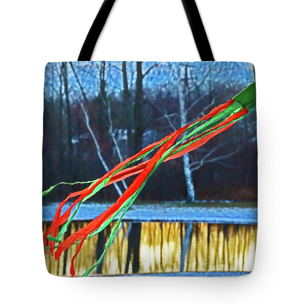 Green Windsock Tote Bag featuring the photograph Green windsock, Green and Red Streamers Pond with reflections 0056 by David Frederick