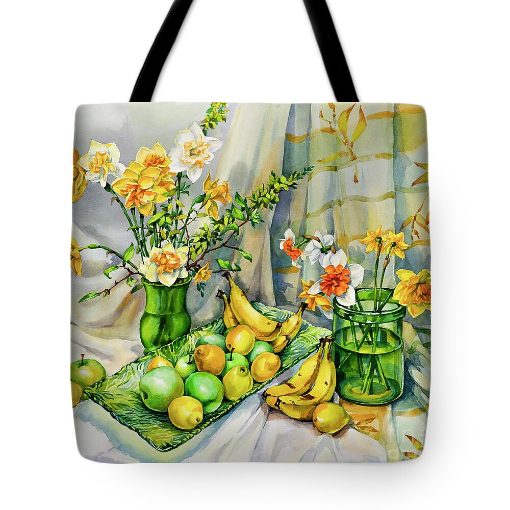 Green Tote Bag featuring the painting Green Yellow Still Life with Daffodils by Maria Rabinky