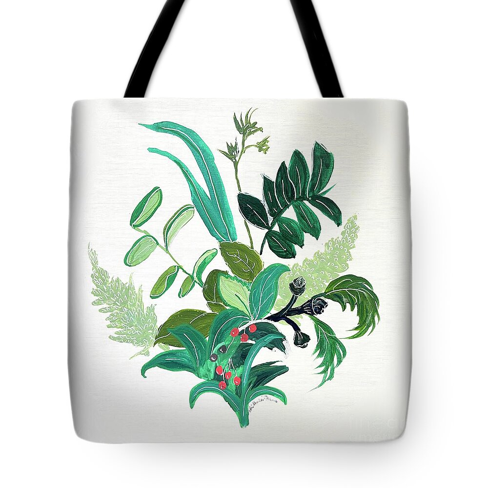 Floral Tote Bag featuring the painting Greenery with red berries by Robin Pedrero