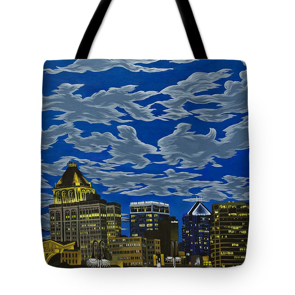Greensboro Tote Bag featuring the painting Greensboro Under Moonlight by John Gibbs