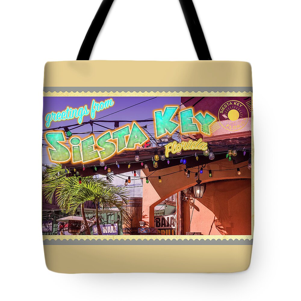 Siesta Key Tote Bag featuring the photograph Greetings from Siesta Key Village4 by Arttography LLC