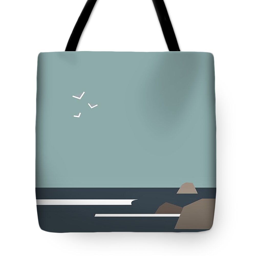 Sea Tote Bag featuring the digital art Grey sky over the sea. by Fatline Graphic Art