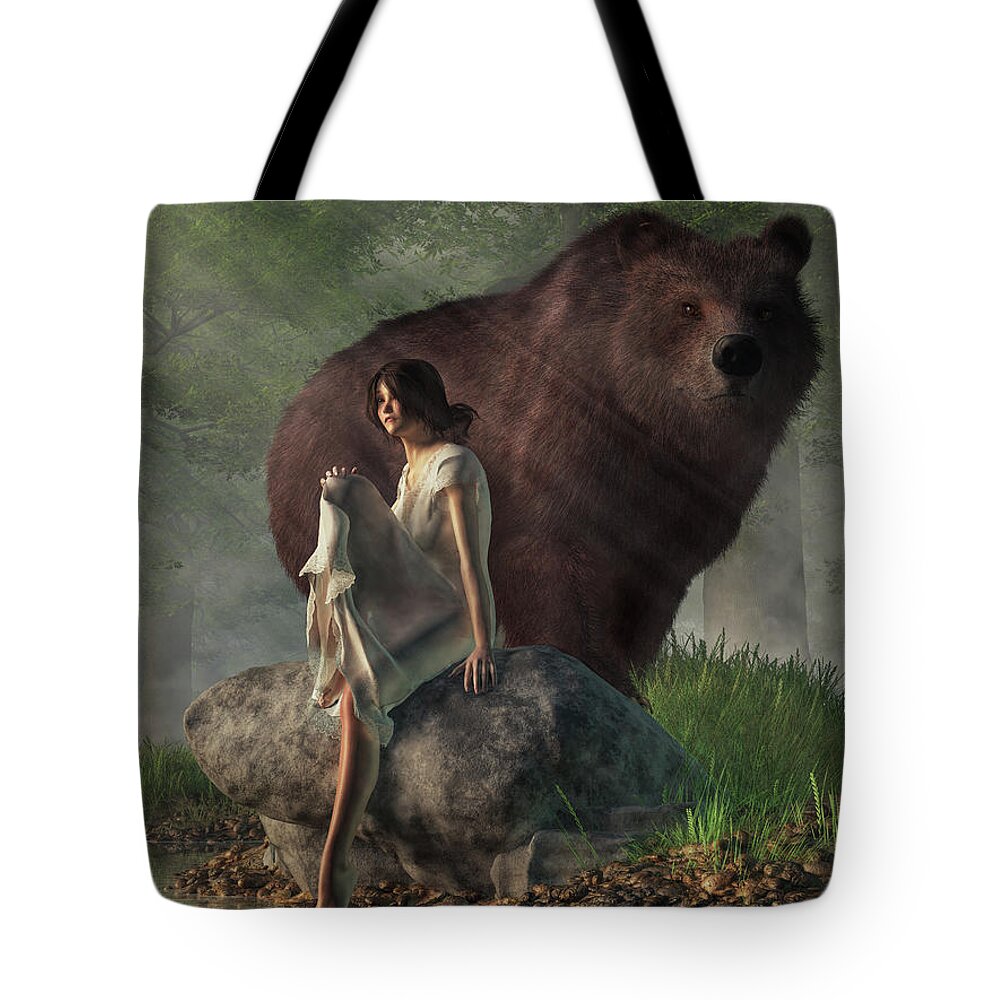 Grizzly Bear Tote Bag featuring the digital art Grizzly Bear and Girl in a Nightgown by Daniel Eskridge