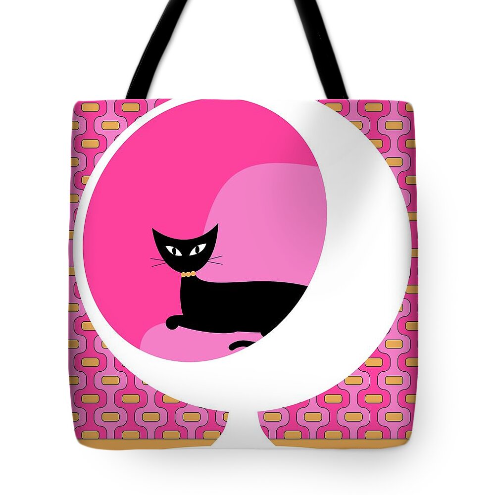 Mid Century Cat Tote Bag featuring the digital art Groovy Ball Chair Pink and Melon Pods by Donna Mibus