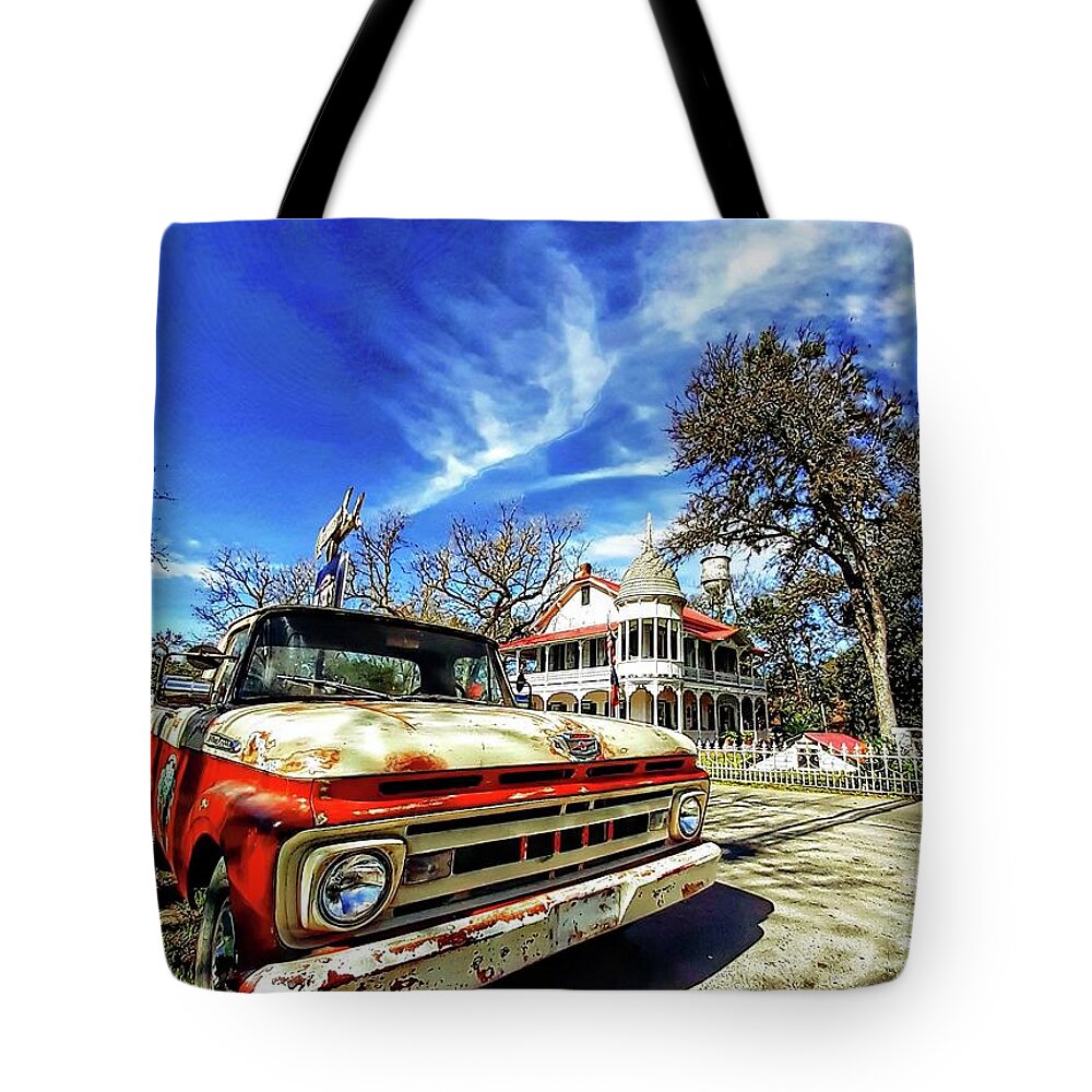 #gruene #texas #truck #retro #sky #blue #mansion Tote Bag featuring the photograph Gruene, Texas by Stoney Lawrentz