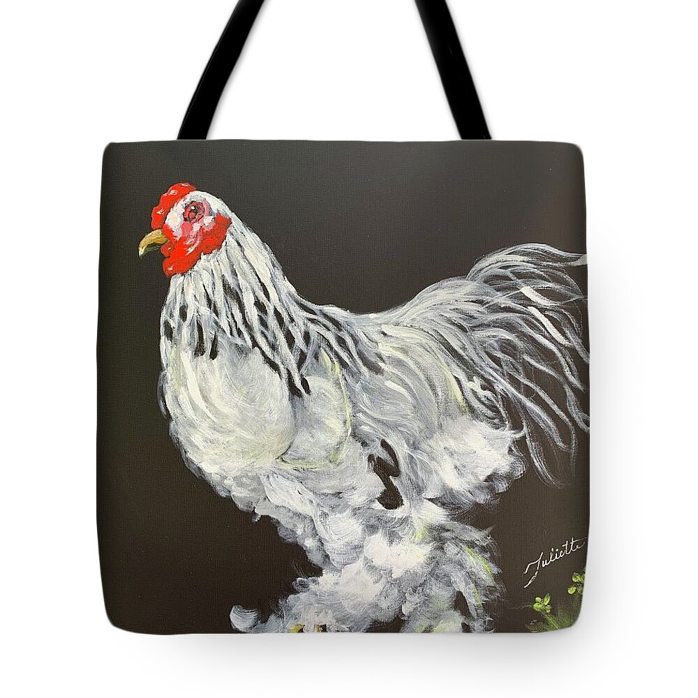 Rooster Tote Bag featuring the painting Guardian of the Farmyard by Juliette Becker