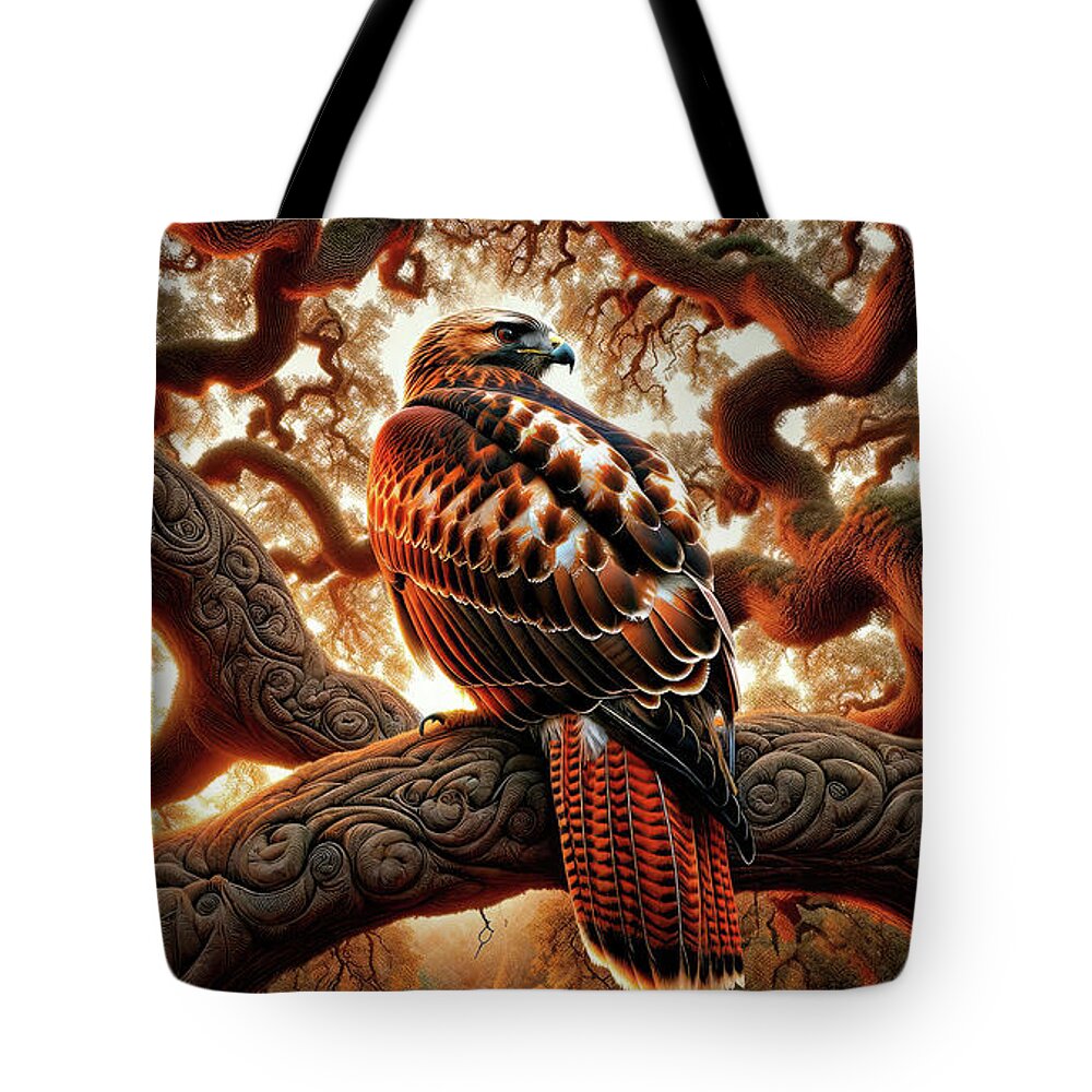 Red-tailed Hawk Tote Bag featuring the digital art Guardian of the Twisted Oaks by Bill And Linda Tiepelman