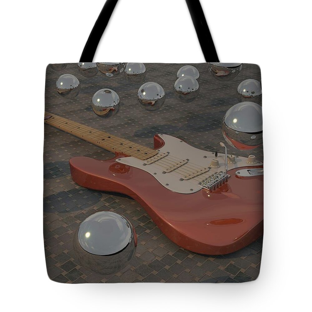 Guitar Tote Bag featuring the digital art Guitar With Spheres by James Barnes