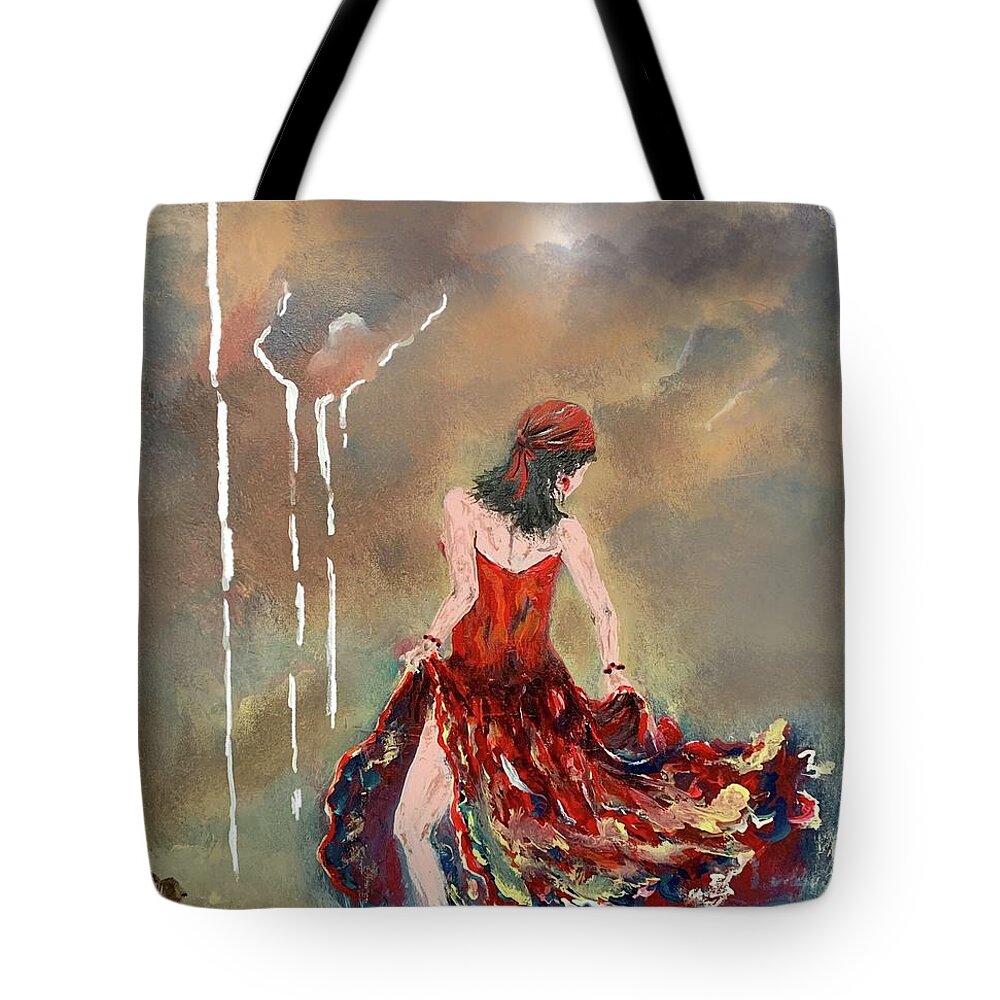 Miroslaw Chelchowski Gypsy In Red Acrylic On Canvas Painting Print Colors Red Dancer Woman Dance Clouds Sky Evening Dress Rain Music Dark Tote Bag featuring the painting Gypsy in red by Miroslaw Chelchowski
