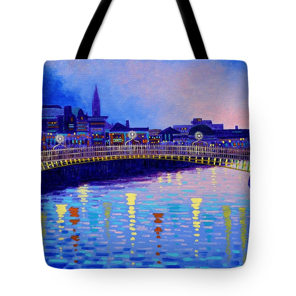 Dublin Tote Bag featuring the painting Ha Penny Bridge Dublin by John Nolan