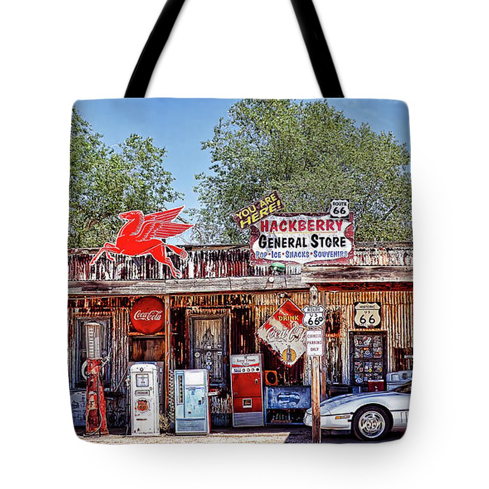 Hackberry Tote Bag featuring the photograph Hackberry General Store on Route 66, Arizona by Tatiana Travelways